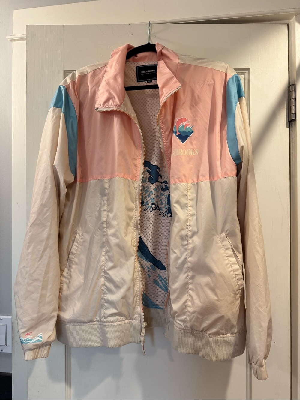 Vintage Pink Dolphin Brooks Pink, Cream & Blue Colorblock Dolphin Bomber Jacket